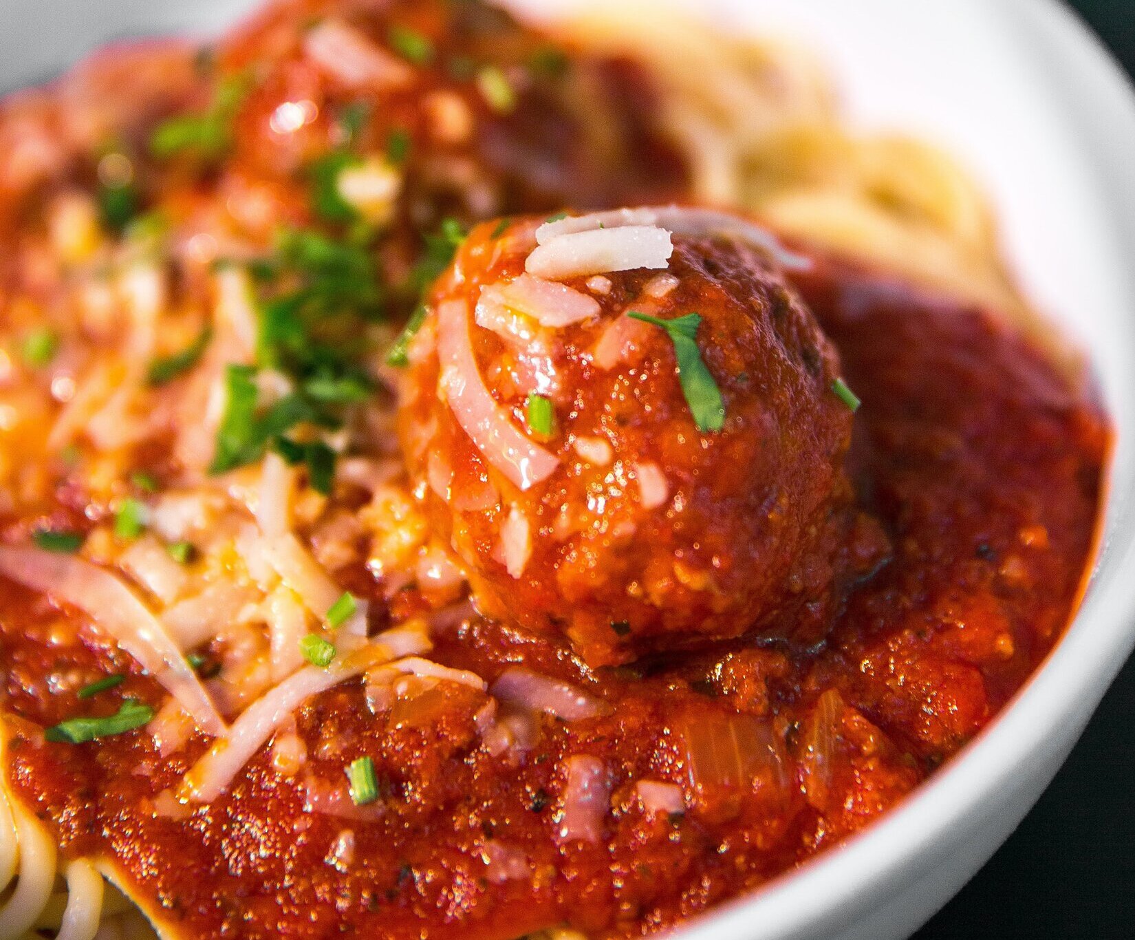 close up of spaghetti and meatballs